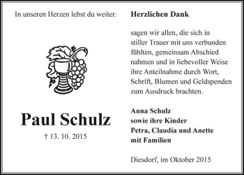 Traueranzeige von Paul Schulz  von Magdeburger Volksstimme