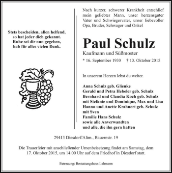 Traueranzeige von Paul Schulz  von Magdeburger Volksstimme