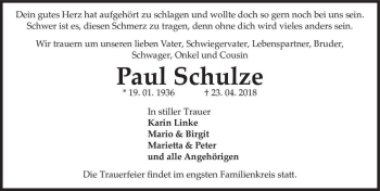 Traueranzeige von Paul Schulze  von Magdeburger Volksstimme