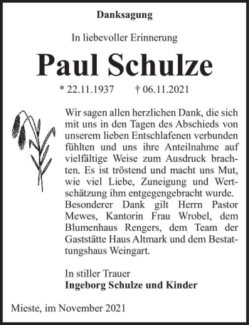 Traueranzeige von Paul Schulze  von Magdeburger Volksstimme