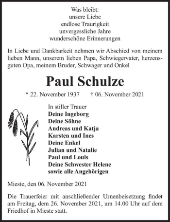 Traueranzeige von Paul Schulze  von Magdeburger Volksstimme