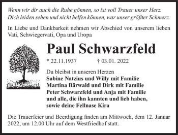 Traueranzeige von Paul Schwarzfeld  von Magdeburger Volksstimme