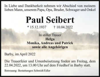 Traueranzeige von Paul Seibert  von Magdeburger Volksstimme