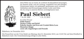 Traueranzeige von Paul Siebert  von Magdeburger Volksstimme