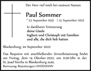 Traueranzeige von Paul Sommer  von Magdeburger Volksstimme