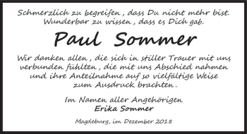 Traueranzeige von Paul Sommer  von Magdeburger Volksstimme