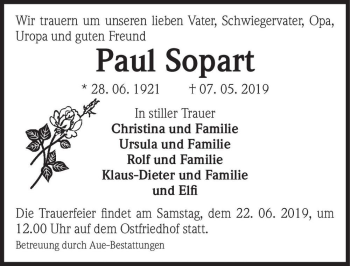 Traueranzeige von Paul Sopart  von Magdeburger Volksstimme