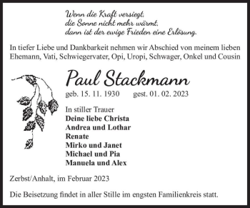 Traueranzeige von Paul Stackmann  von Magdeburger Volksstimme