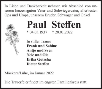 Traueranzeige von Paul Steffen  von Magdeburger Volksstimme
