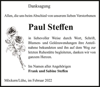 Traueranzeige von Paul Steffen  von Magdeburger Volksstimme