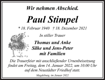Traueranzeige von Paul Stimpel  von Magdeburger Volksstimme