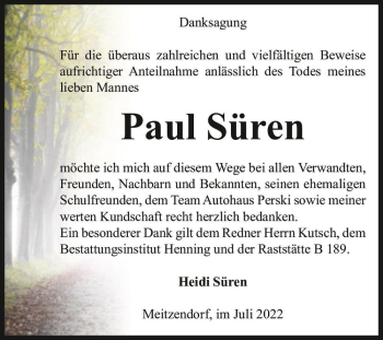 Traueranzeige von Paul Süren  von Magdeburger Volksstimme