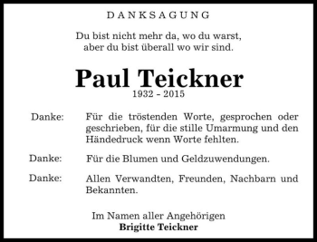 Traueranzeige von Paul Teickner  von Magdeburger Volksstimme