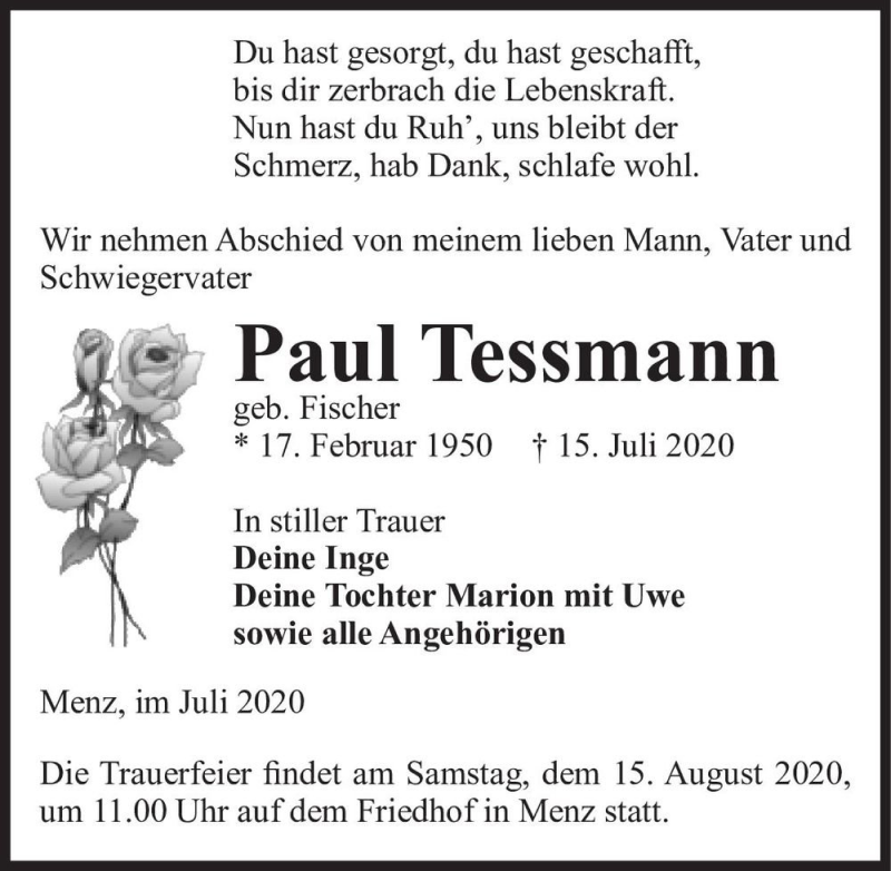  Traueranzeige für Paul Tessmann (geb. Fischer)  vom 25.07.2020 aus Magdeburger Volksstimme