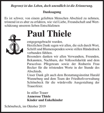Traueranzeige von Paul Thiele  von Magdeburger Volksstimme