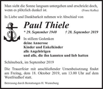 Traueranzeige von Paul Thiele  von Magdeburger Volksstimme