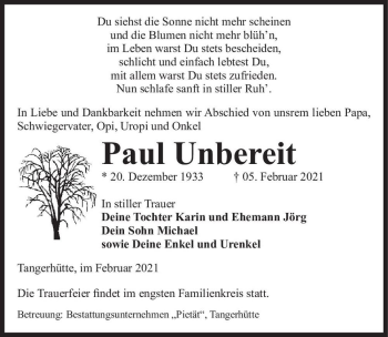 Traueranzeige von Paul Unbereit  von Magdeburger Volksstimme