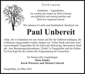 Traueranzeige von Paul Unbereit  von Magdeburger Volksstimme