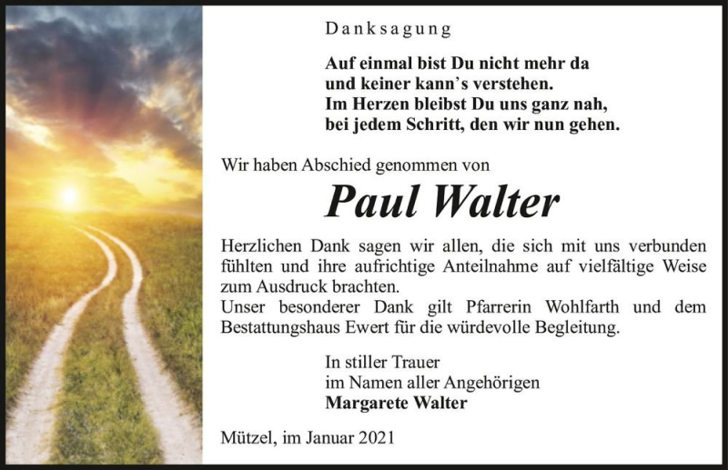  Traueranzeige für Paul Walter  vom 23.01.2021 aus Magdeburger Volksstimme