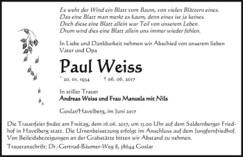 Traueranzeige von Paul Weiss  von Magdeburger Volksstimme