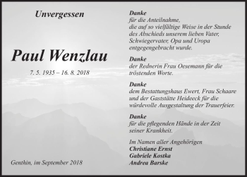 Traueranzeige von Paul Wenzlau  von Magdeburger Volksstimme