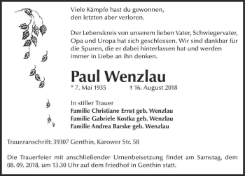 Traueranzeige von Paul Wenzlau  von Magdeburger Volksstimme