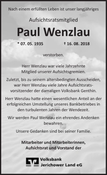 Traueranzeige von Paul Wenzlau  von Magdeburger Volksstimme