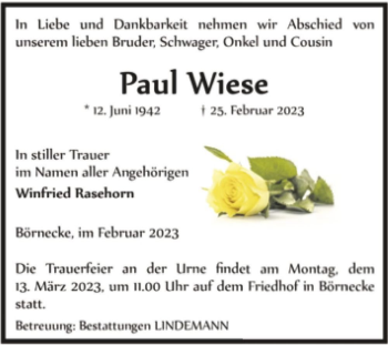 Traueranzeige von Paul Wiese  von Magdeburger Volksstimme