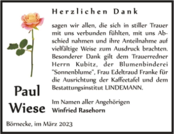 Traueranzeige von Paul Wiese  von Magdeburger Volksstimme