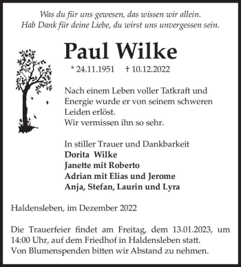 Traueranzeige von Paul Wilke  von Magdeburger Volksstimme