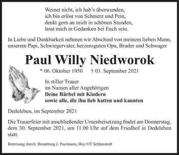 Traueranzeige von Paul Willy Niedworok  von Magdeburger Volksstimme