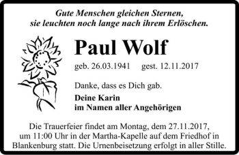Traueranzeige von Paul Wolf  von Magdeburger Volksstimme