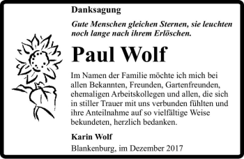 Traueranzeige von Paul Wolf  von Magdeburger Volksstimme
