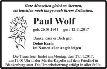 Traueranzeige von Paul Wolf  von Magdeburger Volksstimme
