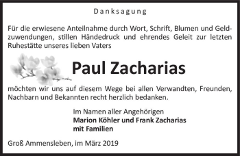 Traueranzeige von Paul Zacharias  von Magdeburger Volksstimme