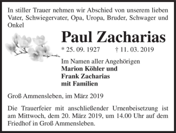 Traueranzeige von Paul Zacharias  von Magdeburger Volksstimme