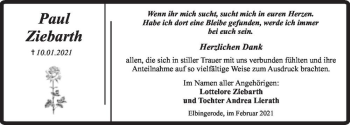 Traueranzeige von Paul Ziebarth  von Magdeburger Volksstimme