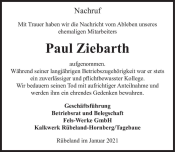 Traueranzeige von Paul Ziebarth  von Magdeburger Volksstimme