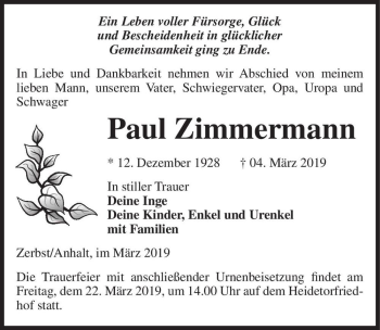 Traueranzeige von Paul Zimmermann  von Magdeburger Volksstimme