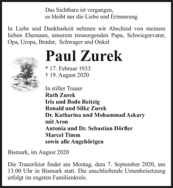 Traueranzeige von Paul Zurek  von Magdeburger Volksstimme
