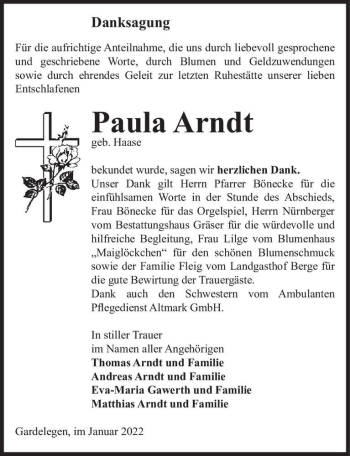 Traueranzeige von Paula Arndt (geb. Haase)  von Magdeburger Volksstimme