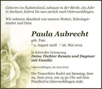 Traueranzeige von Paula Aubrecht (geb. Putz)  von Magdeburger Volksstimme