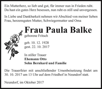 Traueranzeige von Paula Balke (geb. Fritsch)  von Magdeburger Volksstimme