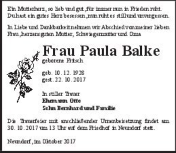 Traueranzeige von Paula Balke (geb. Fritsch)  von Magdeburger Volksstimme