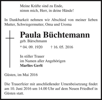 Traueranzeige von Paula Büchtemann (geb. Bärschmann)  von Magdeburger Volksstimme