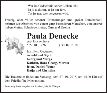 Traueranzeige von Paula Denecke (geb. Hockenholz)  von Magdeburger Volksstimme