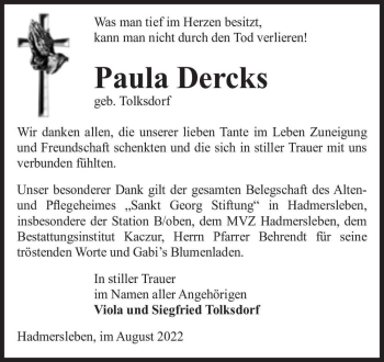 Traueranzeige von Paula Dercks (geb. Tolksdorf)  von Magdeburger Volksstimme