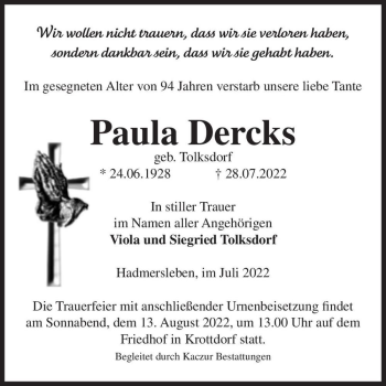 Traueranzeige von Paula Dercks (geb. Tolksdorf)  von Magdeburger Volksstimme