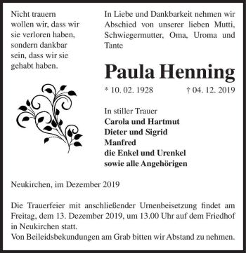 Traueranzeige von Paula Henning  von Magdeburger Volksstimme