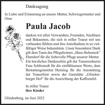 Traueranzeige von Paula Jacob  von Magdeburger Volksstimme